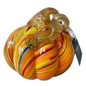 MIKASA Hand Blown Art Glass Pumpkin Orange Multi Swirl Designer Fall Decor New